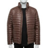 A luxury brown mens leather puffer jacket with horizontal quilting, a high-stand collar, and a tailored fit, showcased by Custom Jackets USA.