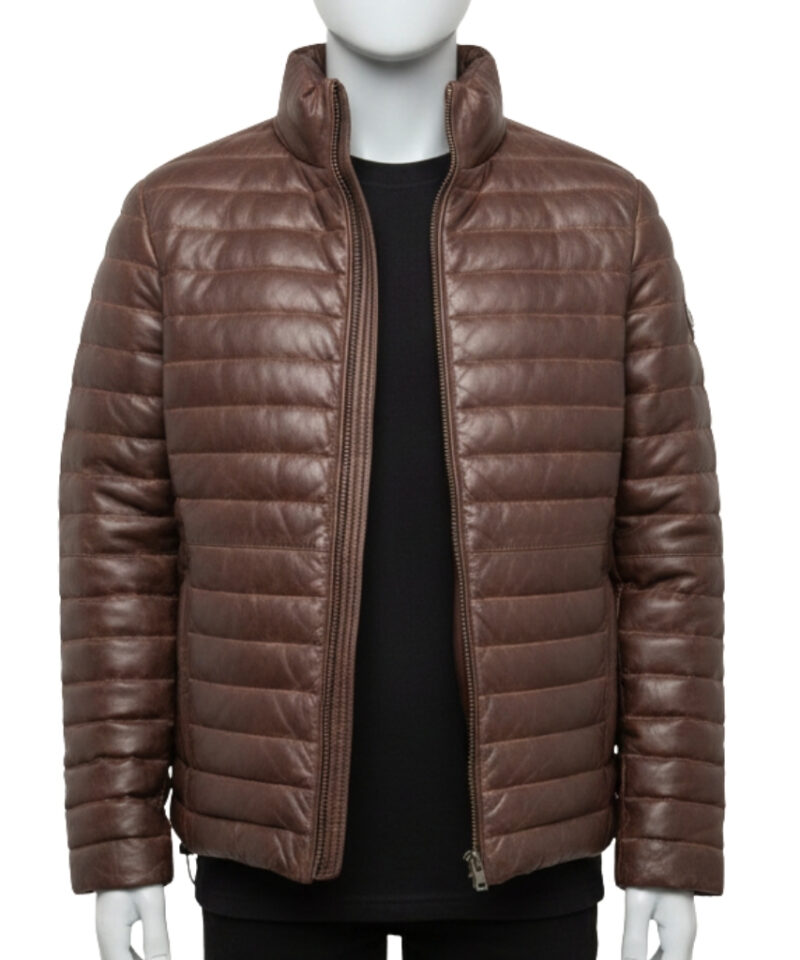 A luxury brown mens leather puffer jacket with horizontal quilting, a high-stand collar, and a tailored fit, showcased by Custom Jackets USA.