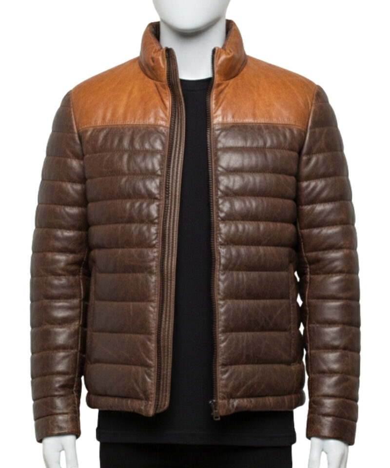A two-tone brown leather puffer jacket mens style featuring a tan shoulder yoke and dark brown quilted body, showcased by Custom Jackets USA.