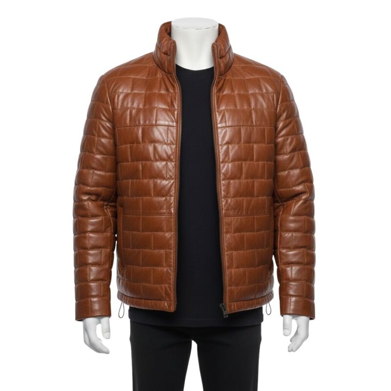 A ginger-brown leather puffer jacket mens fashion piece featuring unique brick-pattern quilting and a high-stand collar, showcased by Custom Jackets USA.