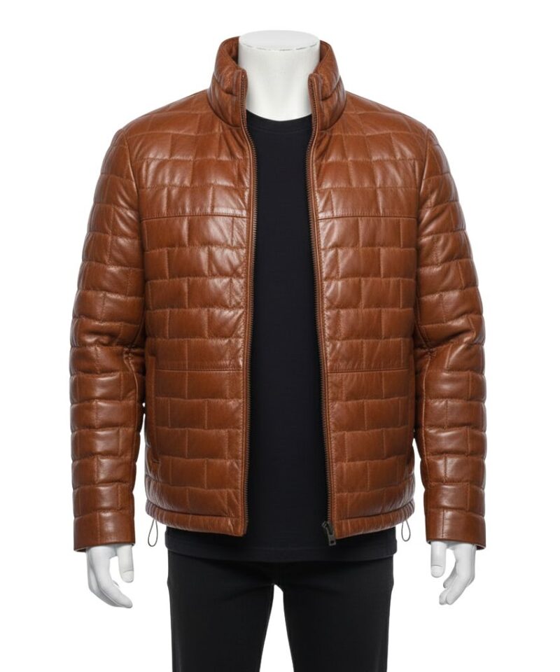 A ginger-brown leather puffer jacket mens fashion piece featuring unique brick-pattern quilting and a high-stand collar, showcased by Custom Jackets USA.