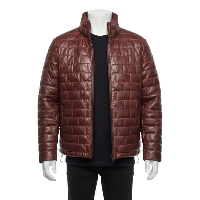 A red leather puffer jacket mens fashion (ID: CJ-PUF-RED-2025) featuring unique brick quilting and a high-stand collar, showcased by Custom Jackets USA.