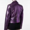 Detailed shot of metallic purple crocodile womens leather biker jacket with a ladies leather biker jacket finish.