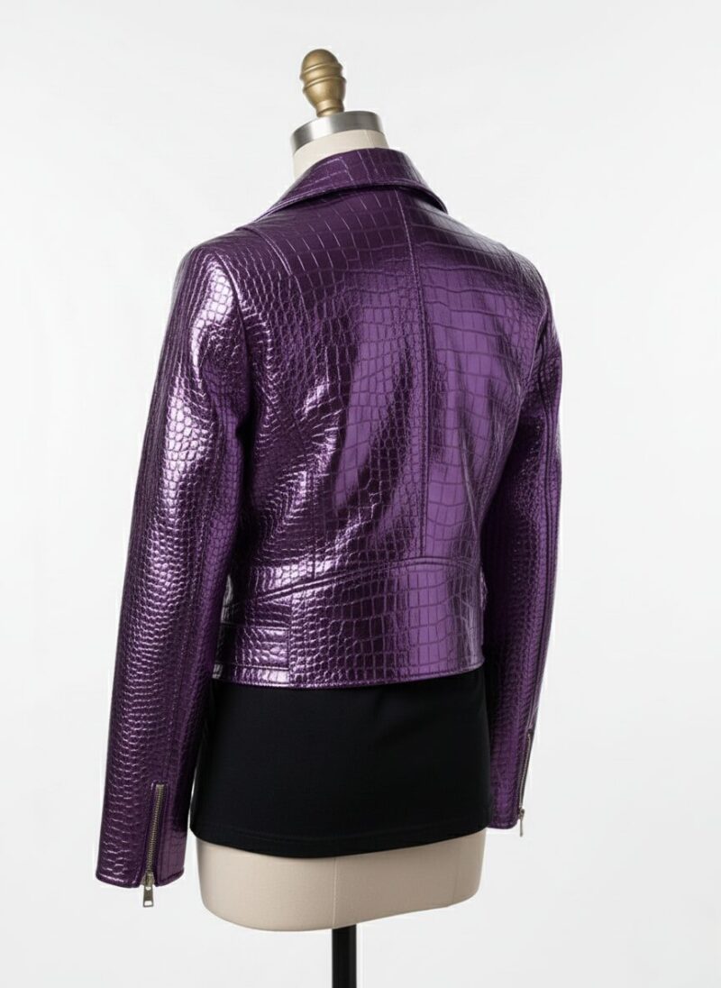 Detailed shot of metallic purple crocodile womens leather biker jacket with a ladies leather biker jacket finish.