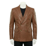 A luxury brown ostrich embossed genuine leather double breasted coat for men by Custom Jackets USA.