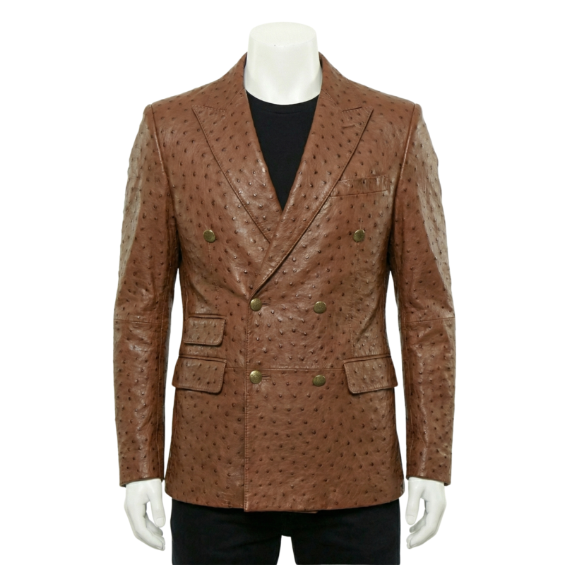 A luxury brown ostrich embossed genuine leather double breasted coat for men by Custom Jackets USA.
