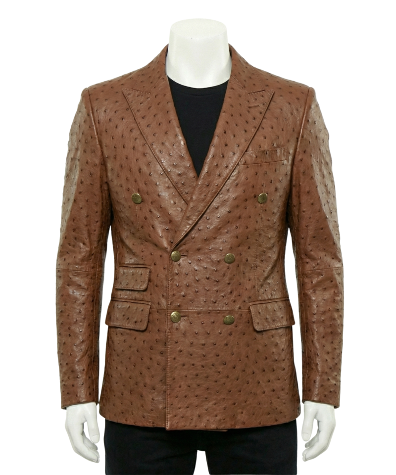 A luxury brown ostrich embossed genuine leather double breasted coat for men by Custom Jackets USA.