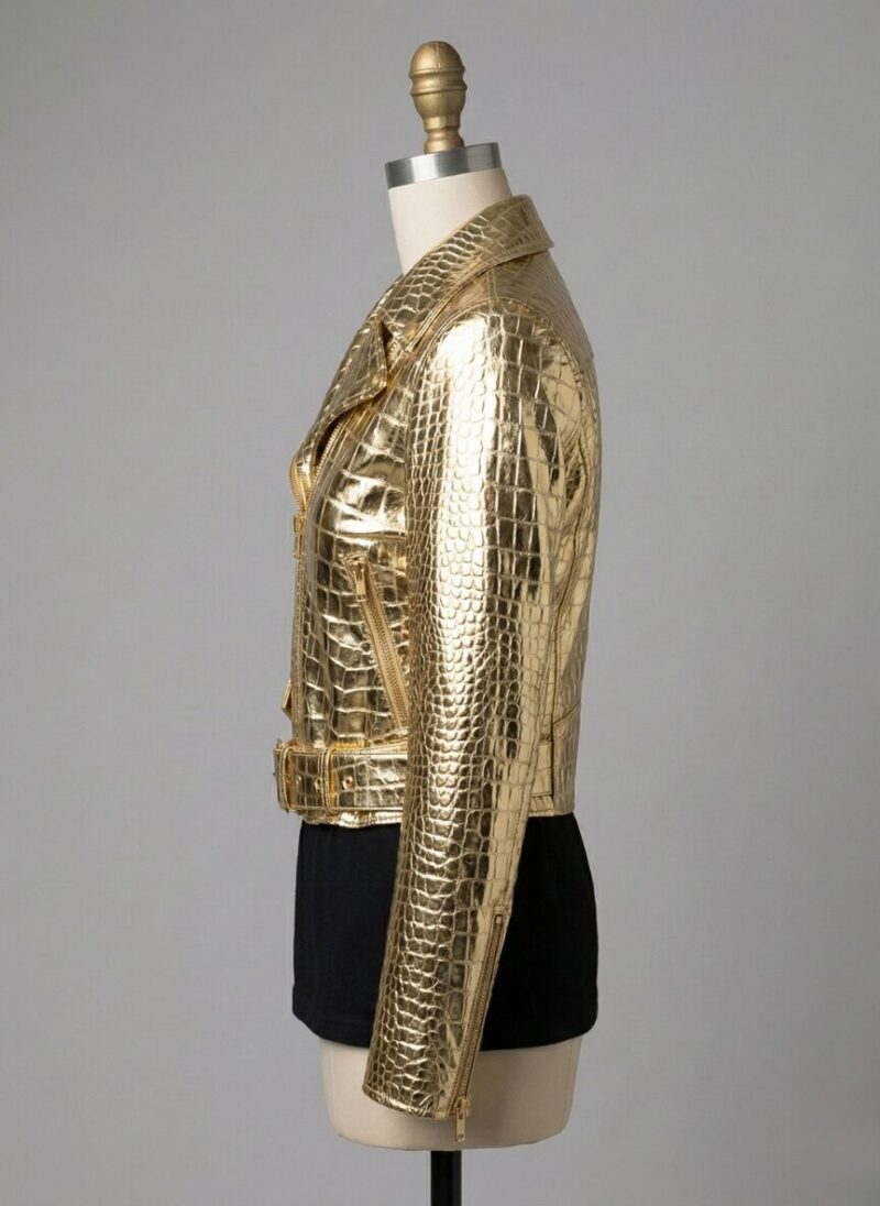 Detailed shot of metallic gold crocodile womens leather biker jackets with a biker ladies leather jacket finish.