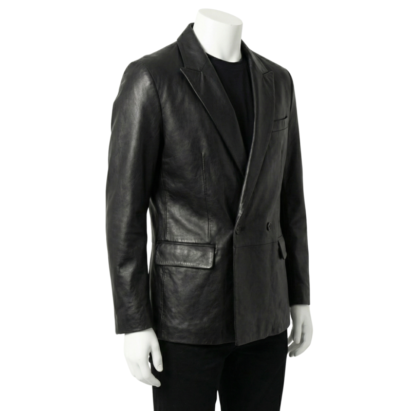 A luxury black double breasted genuine leather coat for men by Custom Jackets USA.