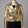 Detailed shot of metallic gold crocodile womens leather biker jackets with a biker ladies leather jacket finish.