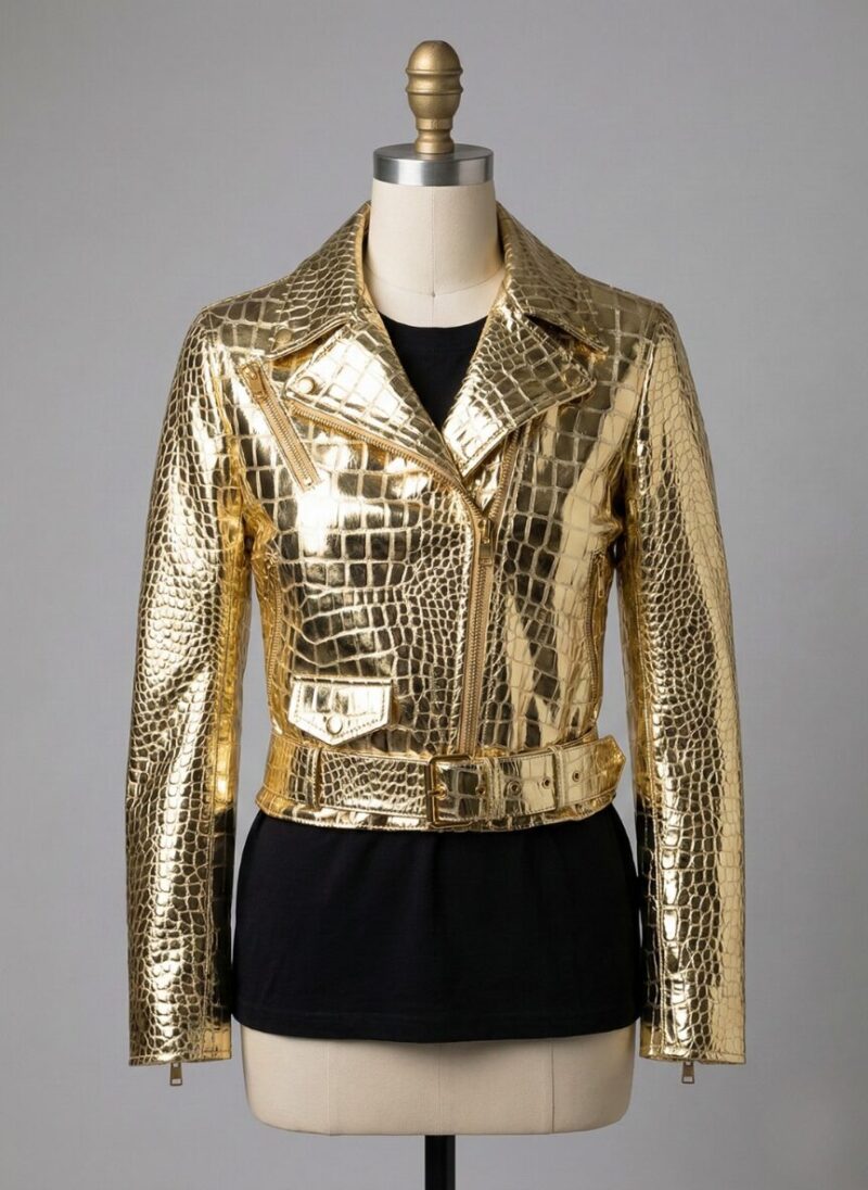 Detailed shot of metallic gold crocodile womens leather biker jackets with a biker ladies leather jacket finish.