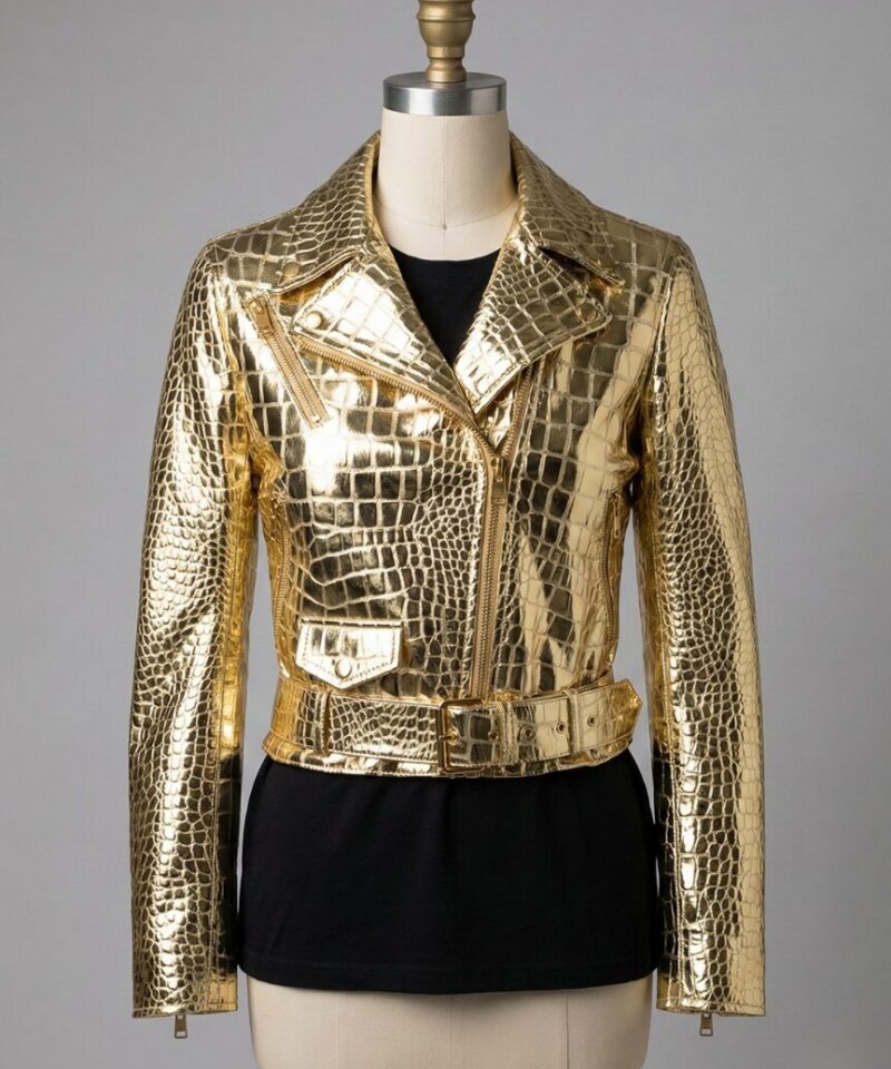 Detailed shot of metallic gold crocodile womens leather biker jackets with a biker ladies leather jacket finish.