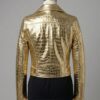 Detailed shot of metallic gold crocodile womens leather biker jackets with a biker ladies leather jacket finish.