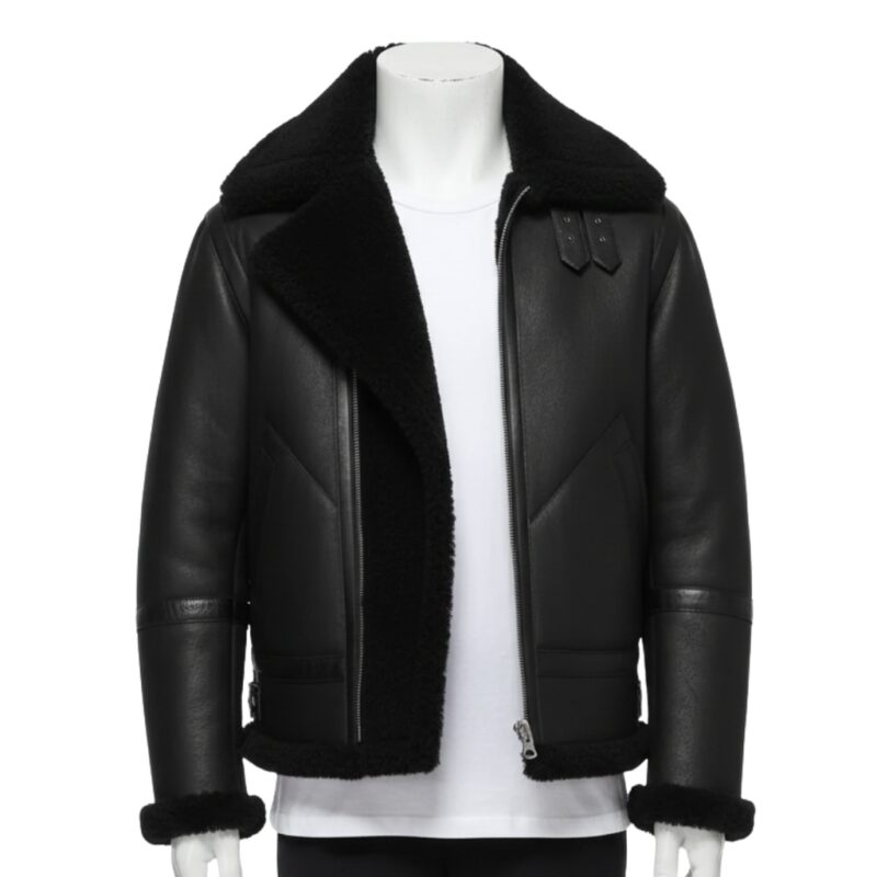 A luxury all-black aviator jacket mens with black shearling fur lining and collar, featuring sleek zippers and a tailored fit, showcased by Custom Jackets USA.