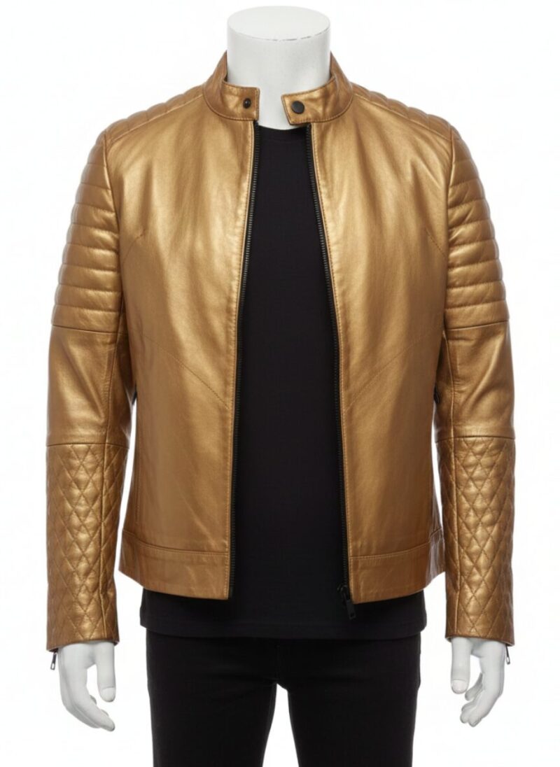 A luxury metallic gold crocodile embossed biker jacket men style by Custom Jackets USA.