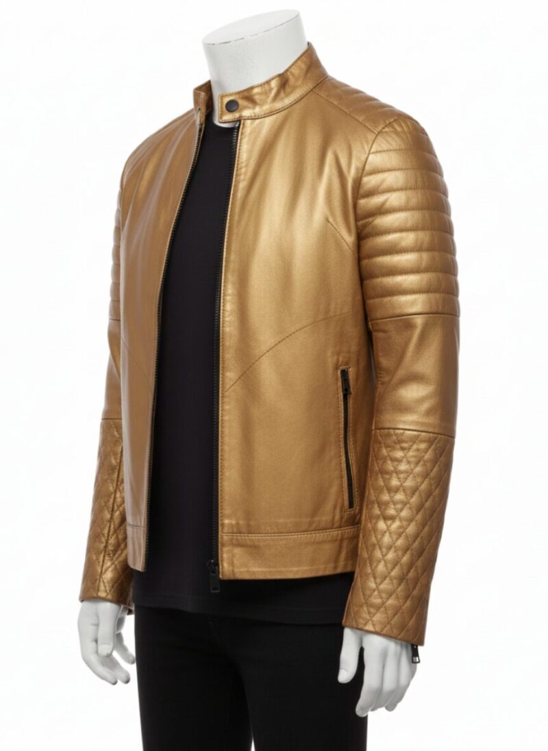 A luxury metallic gold crocodile embossed biker jacket men style by Custom Jackets USA.