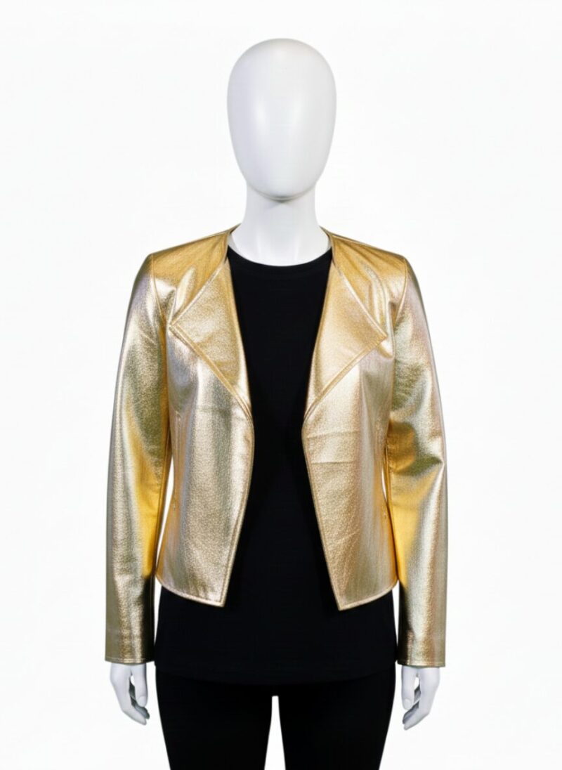 Detailed close-up of a metallic gold hand-woven leather coats for women showing the architectural texture.