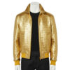 A luxury metallic gold hand-woven men's leather bomber jacket with a high-stand collar and yellow ribbed cuffs, showcased by Custom Jackets USA.