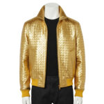 A luxury metallic gold hand-woven men's leather bomber jacket with a high-stand collar and yellow ribbed cuffs, showcased by Custom Jackets USA.