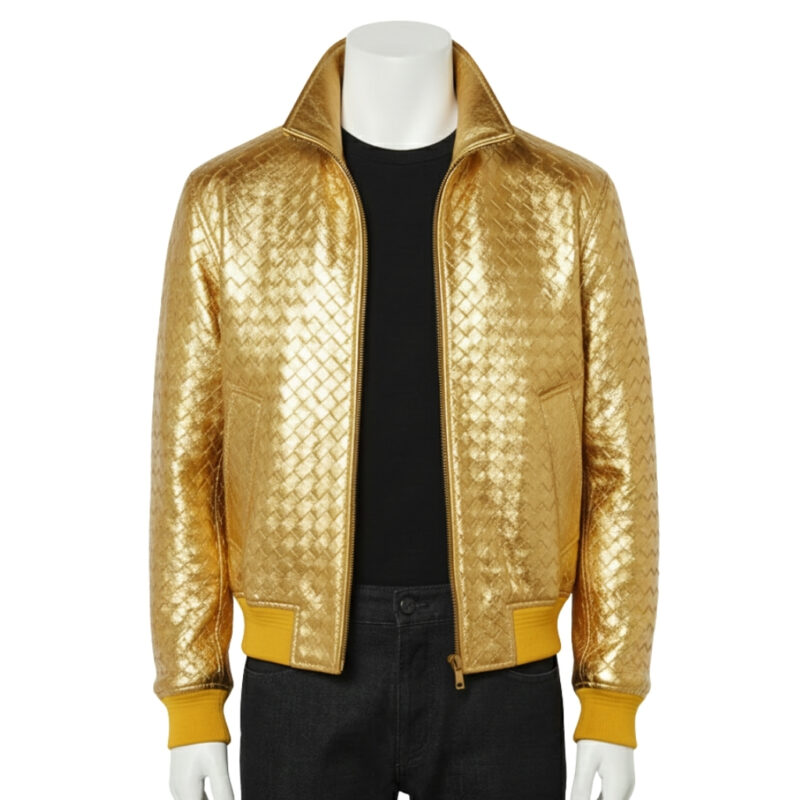 A luxury metallic gold hand-woven men's leather bomber jacket with a high-stand collar and yellow ribbed cuffs, showcased by Custom Jackets USA.