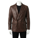 A luxury brown smooth genuine leather double-breasted blazer for men by Custom Jackets USA.
