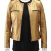 Premium metallic gold womens leather biker jacket with a ladies leather biker jacket finish.