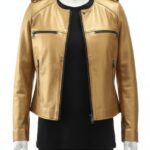 Premium metallic gold womens leather biker jacket with a ladies leather biker jacket finish.