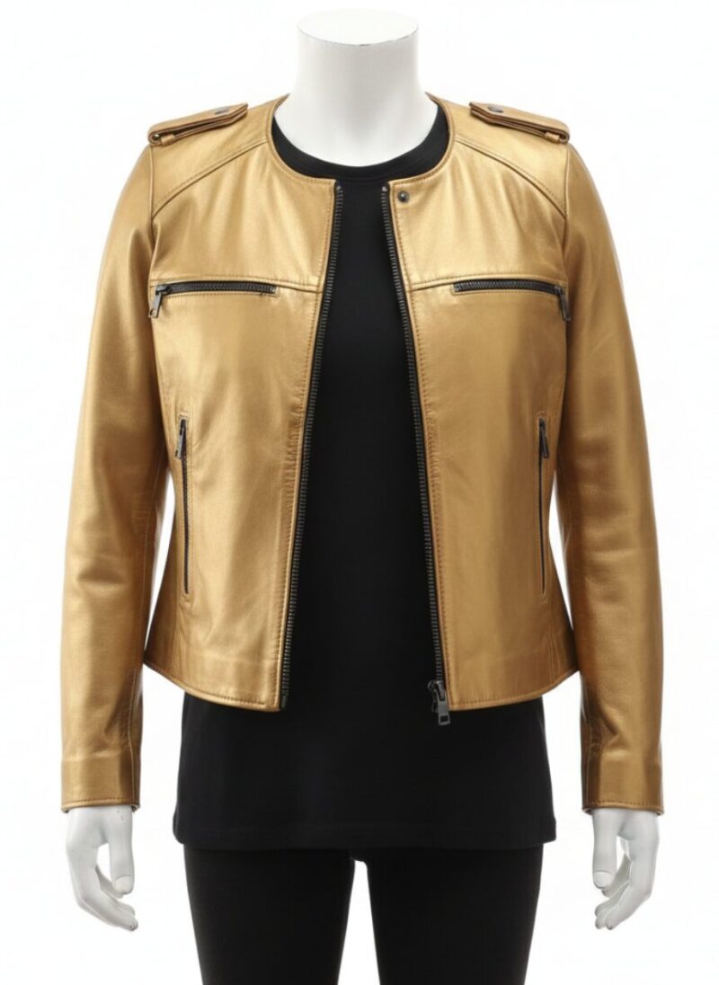 Premium metallic gold womens leather biker jacket with a ladies leather biker jacket finish.