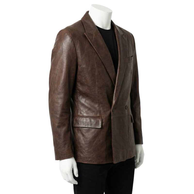 A luxury brown smooth genuine leather double-breasted blazer for men by Custom Jackets USA.
