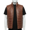Front view of a tobacco brown puffer vests for men with a slim-profile micro-baffle design.