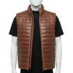 Front view of a tobacco brown puffer vests for men with a slim-profile micro-baffle design.