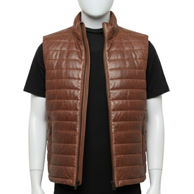 Front view of a tobacco brown puffer vests for men with a slim-profile micro-baffle design.