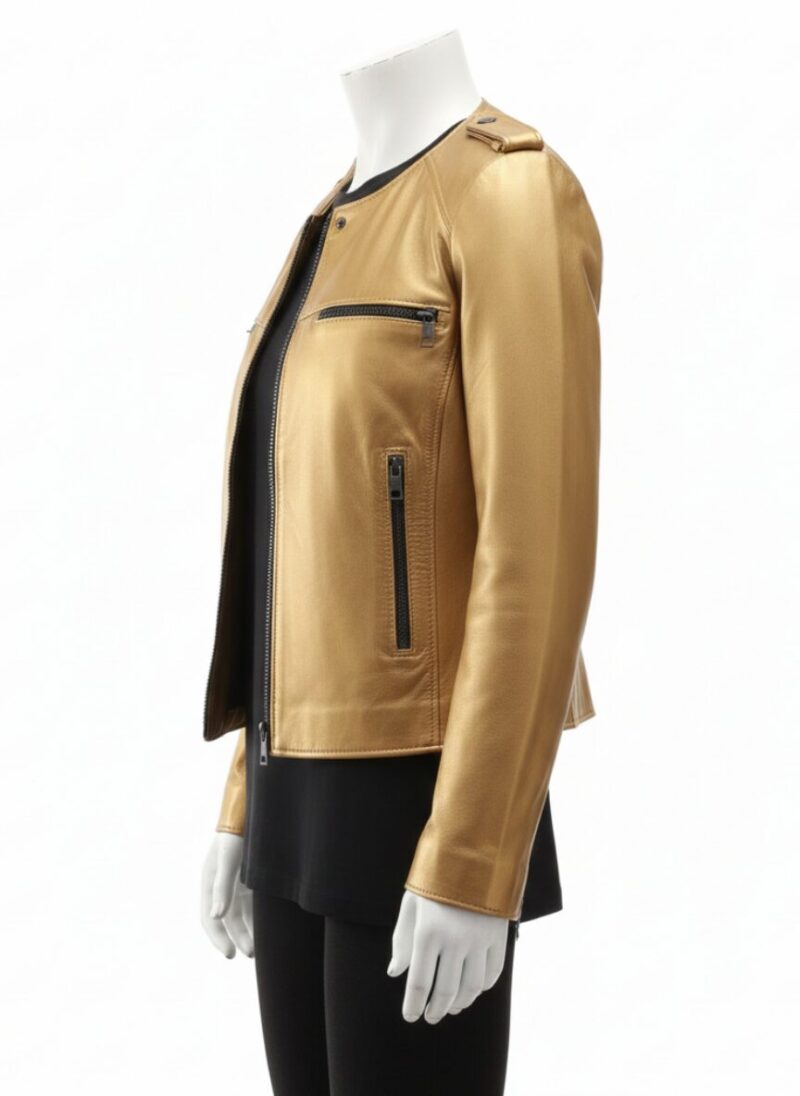 A luxury metallic gold crocodile embossed women's biker jacket by Custom Jackets USA.