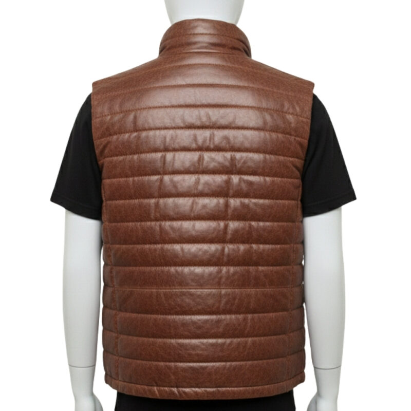 Front view of a tobacco brown puffer vests for men with a slim-profile micro-baffle design.