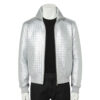 A luxury metallic silver hand-woven men's leather bomber jacket with a high-stand collar and zip front, showcased by Custom Jackets USA.