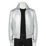 A luxury metallic silver hand-woven men's leather bomber jacket with a high-stand collar and zip front, showcased by Custom Jackets USA.