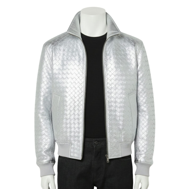 A luxury metallic silver hand-woven men's leather bomber jacket with a high-stand collar and zip front, showcased by Custom Jackets USA.