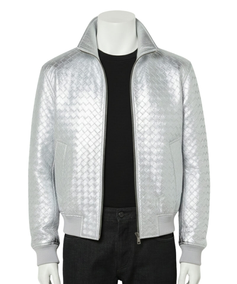 A luxury metallic silver hand-woven men's leather bomber jacket with a high-stand collar and zip front, showcased by Custom Jackets USA.