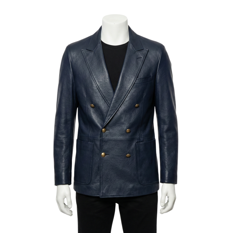 A luxury navy blue smooth genuine leather double-breasted coat for men by Custom Jackets USA.