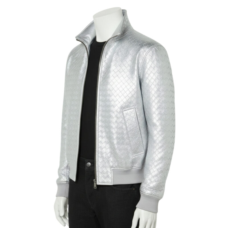 INTERLACING WOVEN LEATHER JACKET METALLIC SILVER