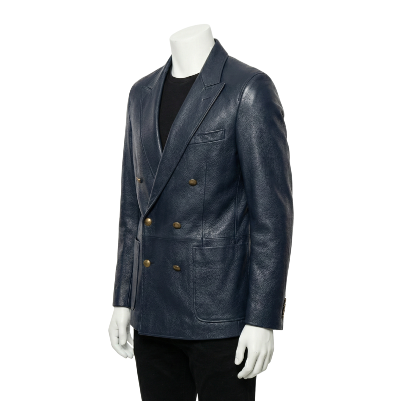 A luxury navy blue smooth genuine leather double-breasted coat for men by Custom Jackets USA.
