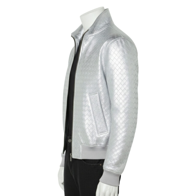 INTERLACING WOVEN LEATHER JACKET METALLIC SILVER
