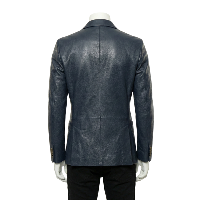 A luxury navy blue smooth genuine leather double-breasted coat for men by Custom Jackets USA.