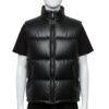 Front view of a Classic Midnight black mens leather puffer vest with wide horizontal baffles.