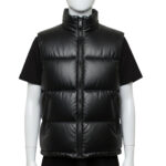 Front view of a Classic Midnight black mens leather puffer vest with wide horizontal baffles.