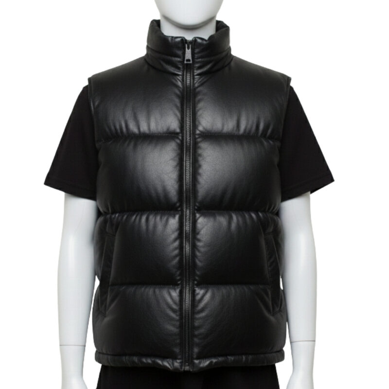 Front view of a Classic Midnight black mens leather puffer vest with wide horizontal baffles.