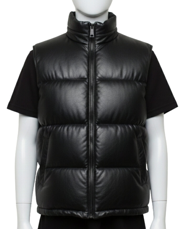 Front view of a Classic Midnight black mens leather puffer vest with wide horizontal baffles.