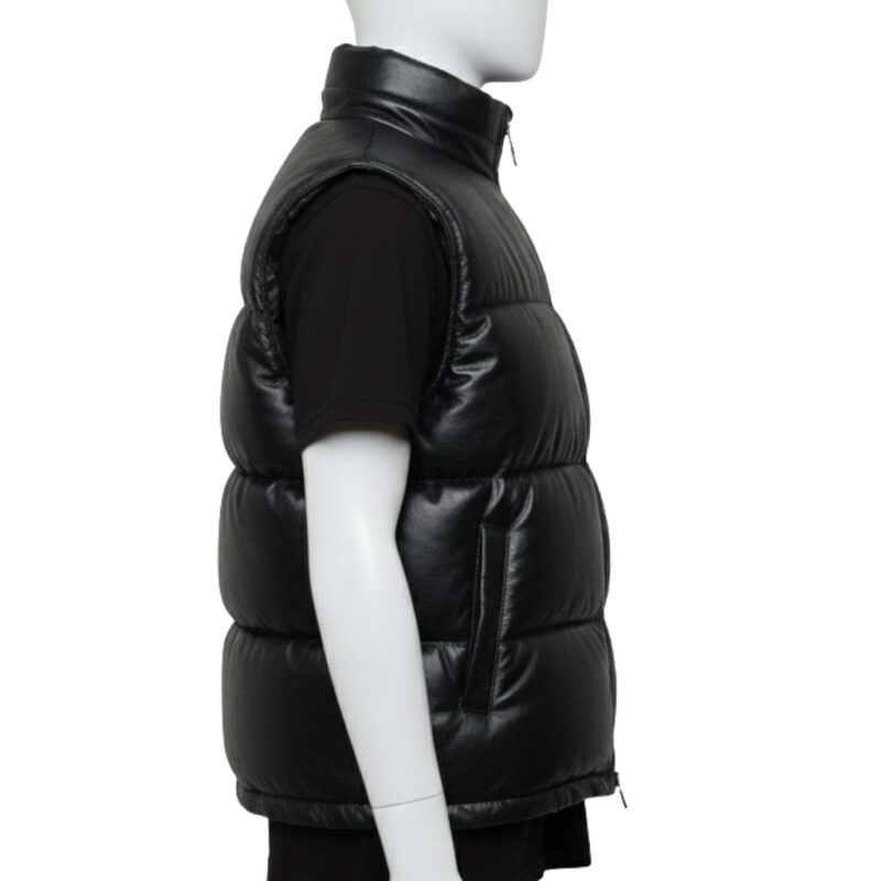 Front view of a Classic Midnight black mens leather puffer vest with wide horizontal baffles.