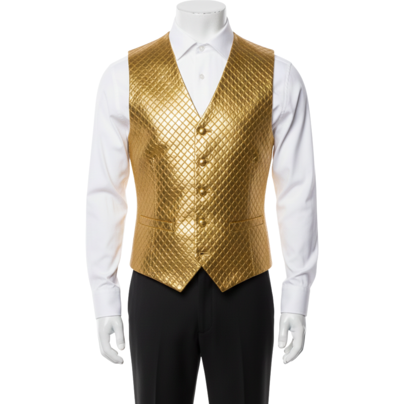 A man wearing a golden woven leather riding vest with biker lapels and an asymmetrical zipper.