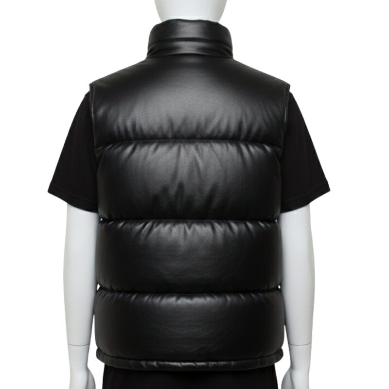 Front view of a Classic Midnight black mens leather puffer vest with wide horizontal baffles.